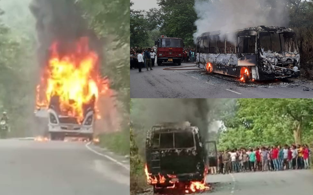 झारखंड : पूर्वी सिंहभूम के पटमदा में धू-धू कर जली बस, ड्राइवर की सूझबूझ से बाल-बाल बचे 30 यात्री