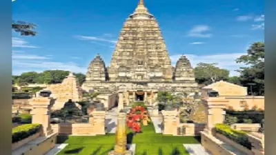 महाबोधि मंदिर परिसर में बिछाये गये कृत्रिम घास से बने कारपेट