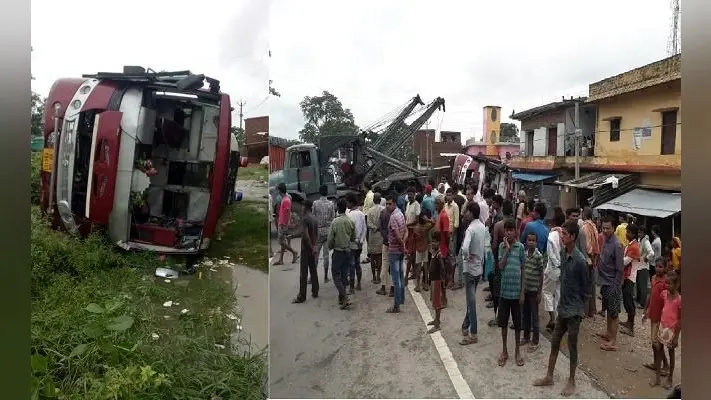 सीतामढ़ी : पटना से जनकपुर जा रही बस पलटी, एक दर्जन यात्री जख्मी
