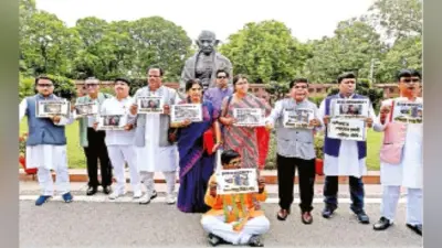 राज्य में हिंसा के खिलाफ संसद परिसर में भाजपा सांसदों का प्रदर्शन