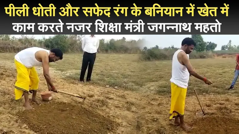 पीली धोती और सफेद रंग के बनियान में खेत में काम करते नजर शिक्षा मंत्री जगन्नाथ महतो
