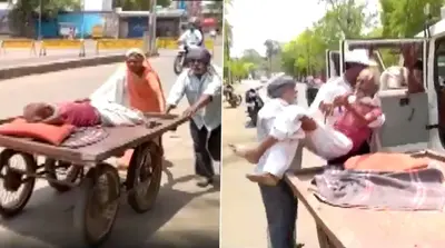 Coronavirus Lockdown : मध्यप्रदेश में बुजुर्ग को ठेले से ले जा रहे थे अस्पताल, पुलिसकर्मी ने अपनी गाड़ी में बैठाकर पहुंचाया