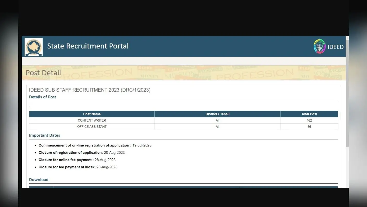 Rajasthan IDEED recruitment 2023: कंटेंट राइटर और ऑफिस असिस्टेंट की 548 रिक्तियों के लिए आवेदन करें