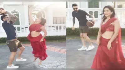 Sunny Leone रेड साड़ी में बास्केटबॉल खेलती आई नजर, पति डेनियल वेबर को खेल में दी कड़ी टक्कर, VIDEO