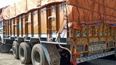 स्टोन चिप्स व बालू लदे पांच ट्रक जब्त