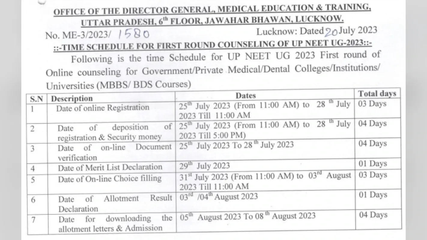 UP NEET UG 2023 काउंसलिंग शेड्यूल dgme.up.gov.in पर जारी, रजिस्ट्रेशन 25 जुलाई से