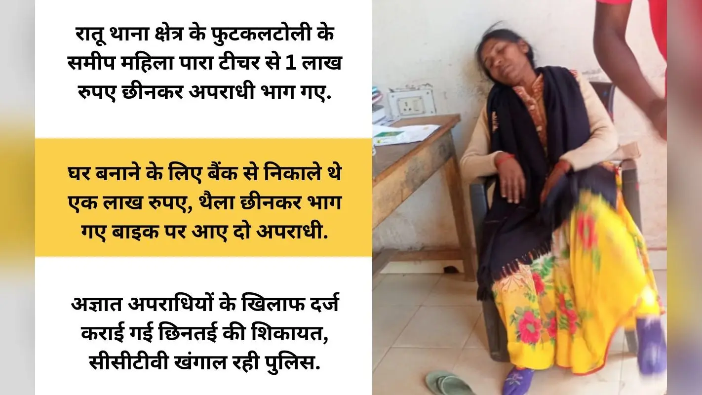 रांची के रातू में महिला पारा टीचर से एक लाख रुपए की छिनतई, अपराधियों ने ऐसे दिया घटना को अंजाम