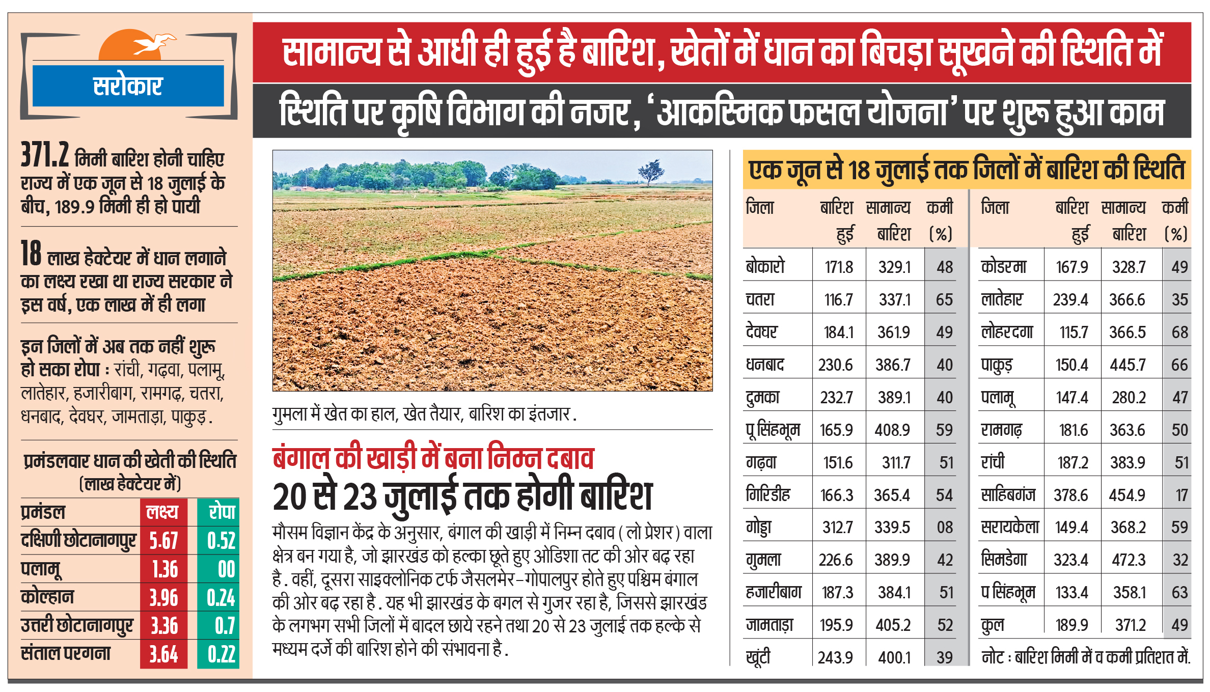 Weather and Agriculture News : राज्य में जुलाई तक 49 प्रतिशत कम बारिश, 11 जिलों में नहीं शुरू हो पायी धान की रोपाई