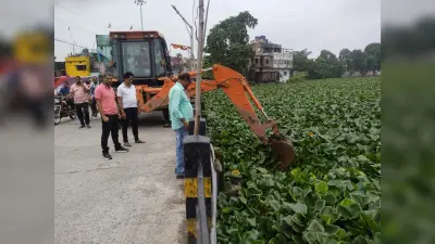 रमजान नदी से जलकुंभी हटाने का कार्य जारी, पुलों पर बढ़ रहा था दवाब