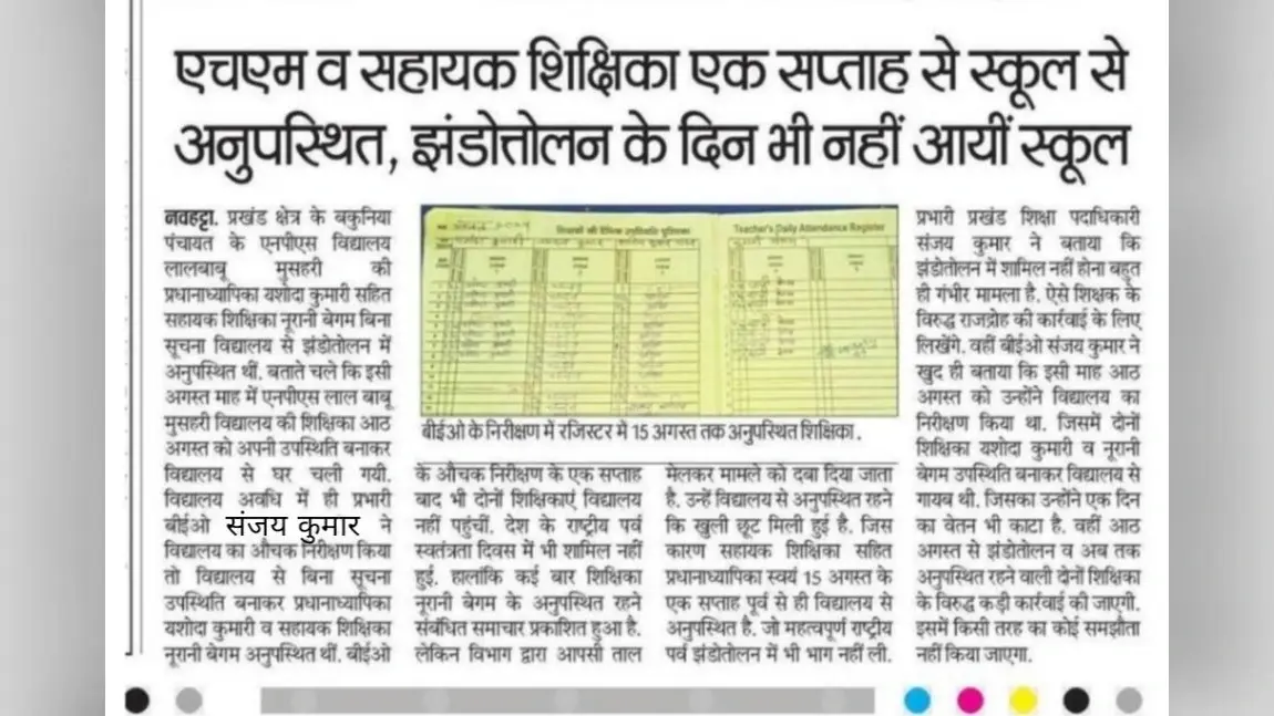 एचएम व सहायक शिक्षिका अनुपस्थिति मामले में बीईओ ने लिया संज्ञान