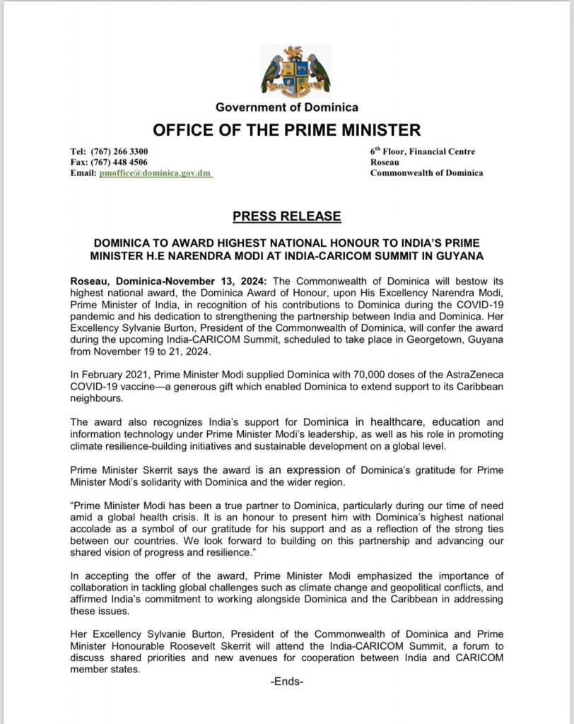 Dominica announced to award its country highest honor to PM Modi