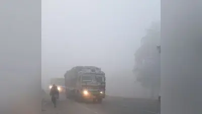 कड़ाके की ठंड के बीच सुबह में घने कोहरे से वाहनों की रफ्तार पर लगा ब्रेक