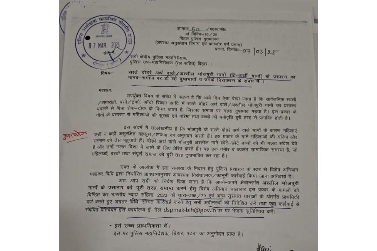 पुलिस मुख्यालय द्वारा जारी किया गया आदेश