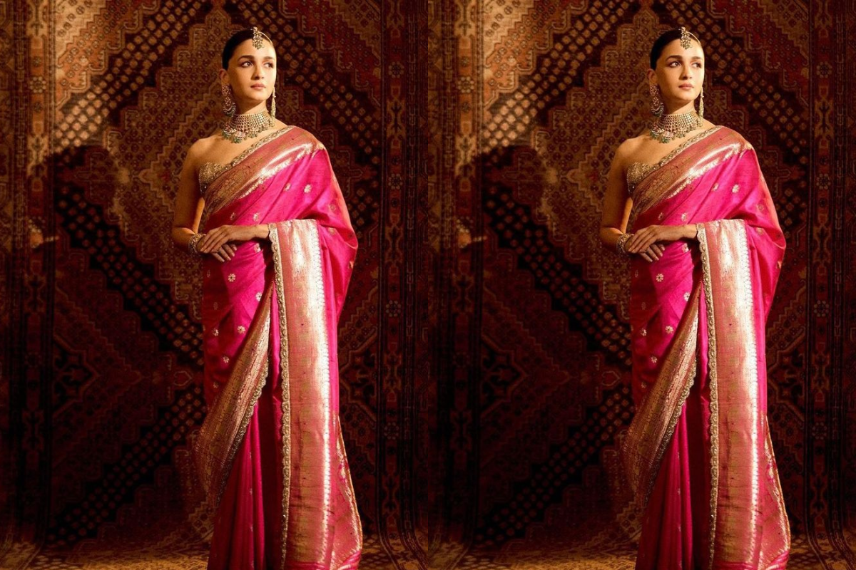 Pink Banarasi Saree with rich design for Vat Savitri puja outfit

