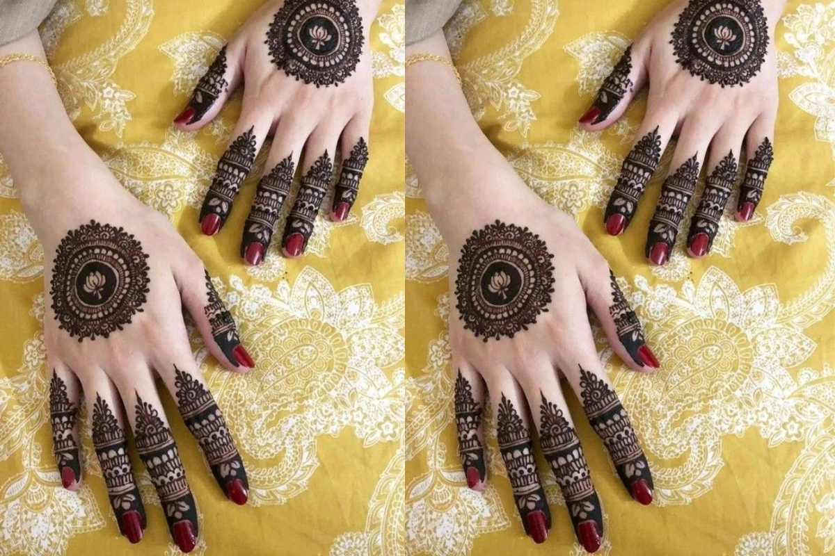Round mandala mehndi design for Vat Savitri vrat with intricate detailing on palm