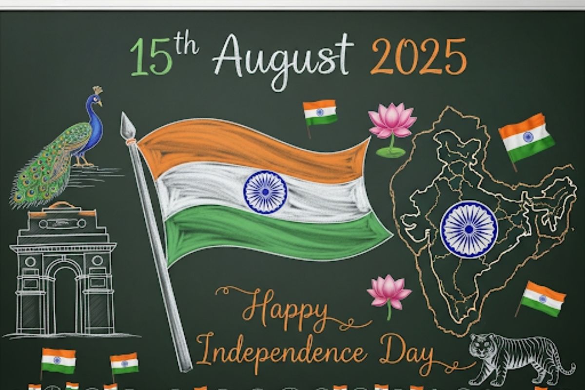 Happy Independence Day Black Board Decoration With Colorful Chalks