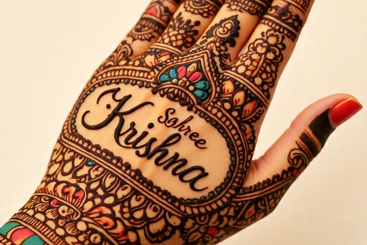 om shree krishna name mehndi design
