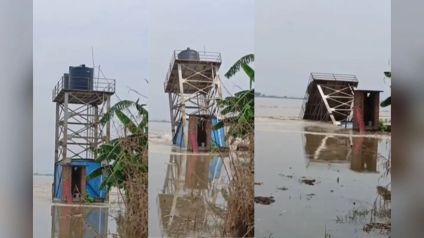Video: देखते ही देखते गंगा में समा गया जलमीनार, बिहार के भागलपुर में बाढ़ से हाहाकार