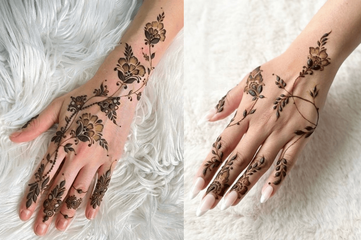 Simple back hand mehndi design with floral and leaf patterns covering fingers and wrist
