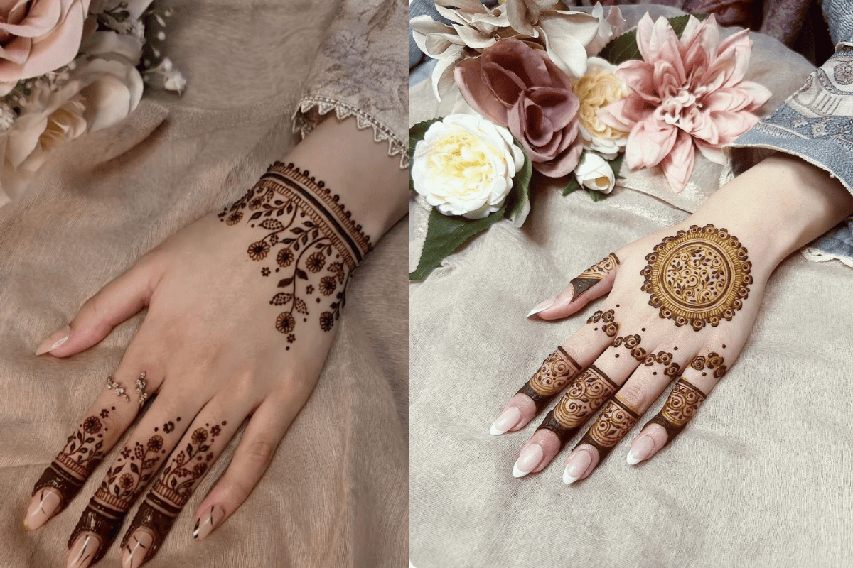 Elegant vine mehndi design with long leafy patterns extending from fingers to wrist