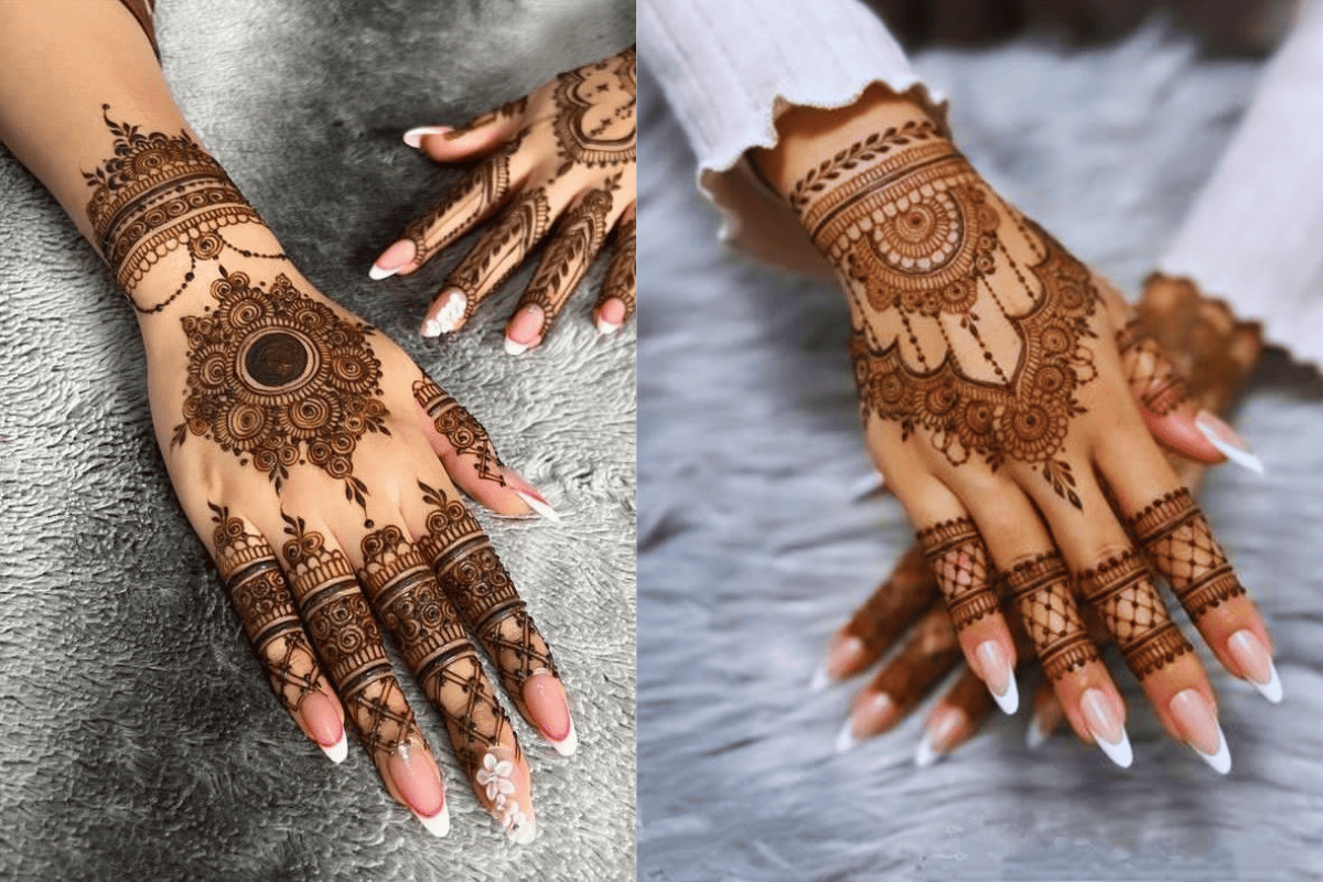 Full back hand mehndi design with detailed floral, net, and leafy motifs covering the entire hand