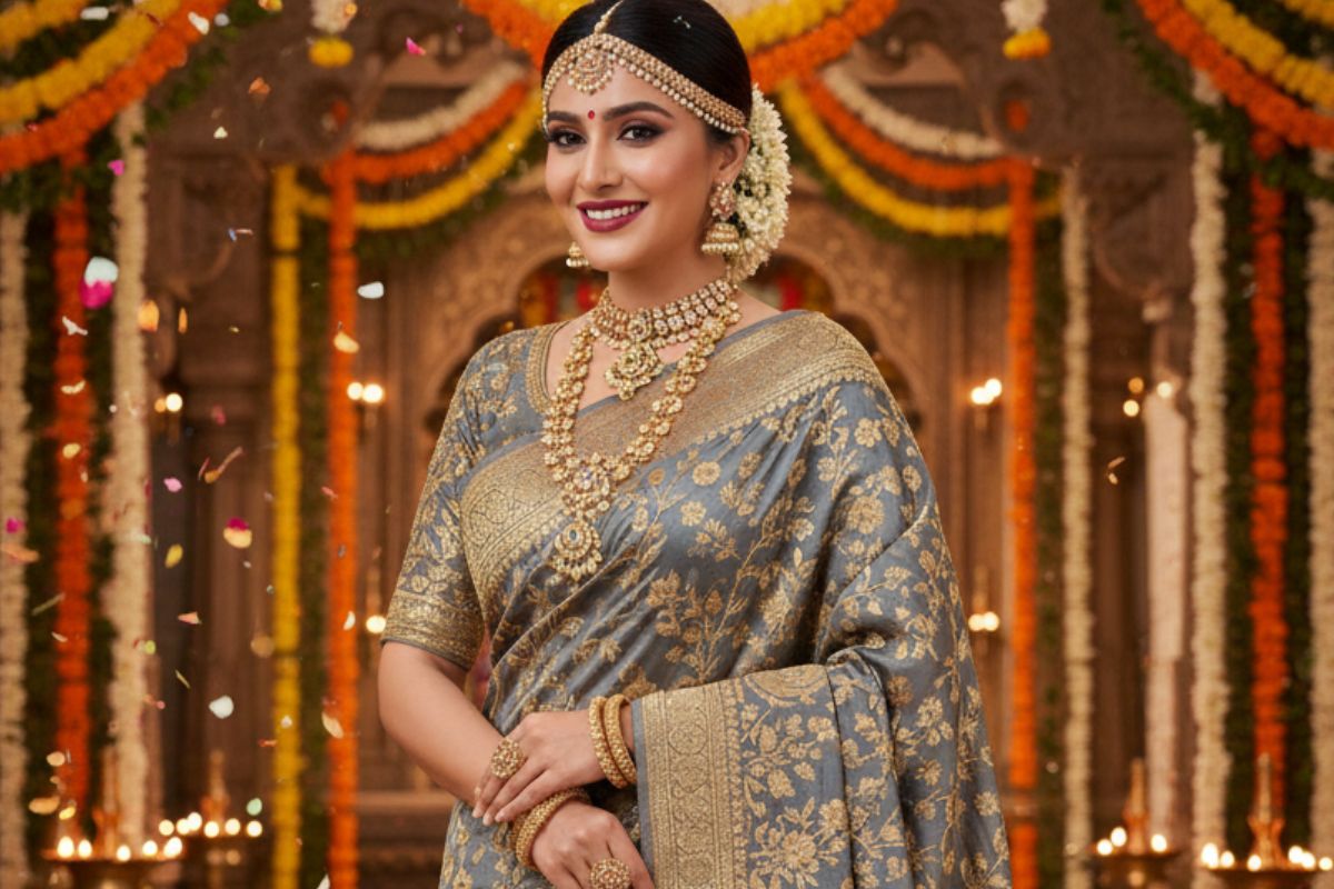 grey golden saree