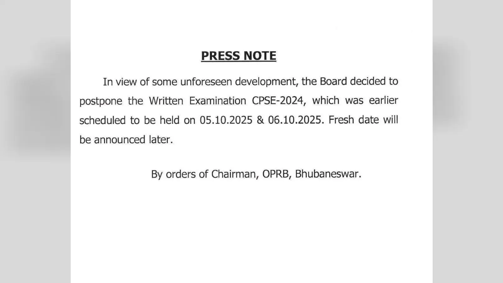 5 और 6 अक्टूबर को नहीं होगी ओडिशा पुलिस सब इंस्पेक्टर परीक्षा, नई डेट जल्द