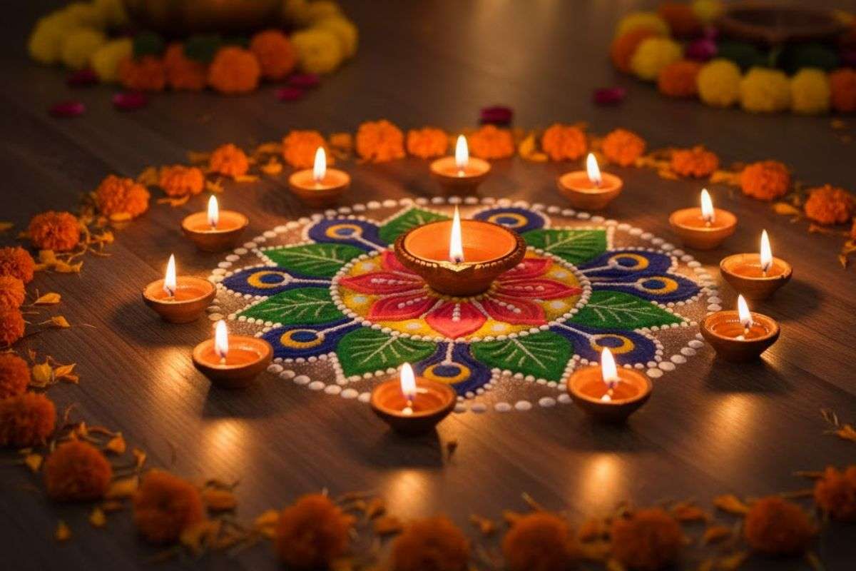 Small Rangoli Design with Colors and Diyas