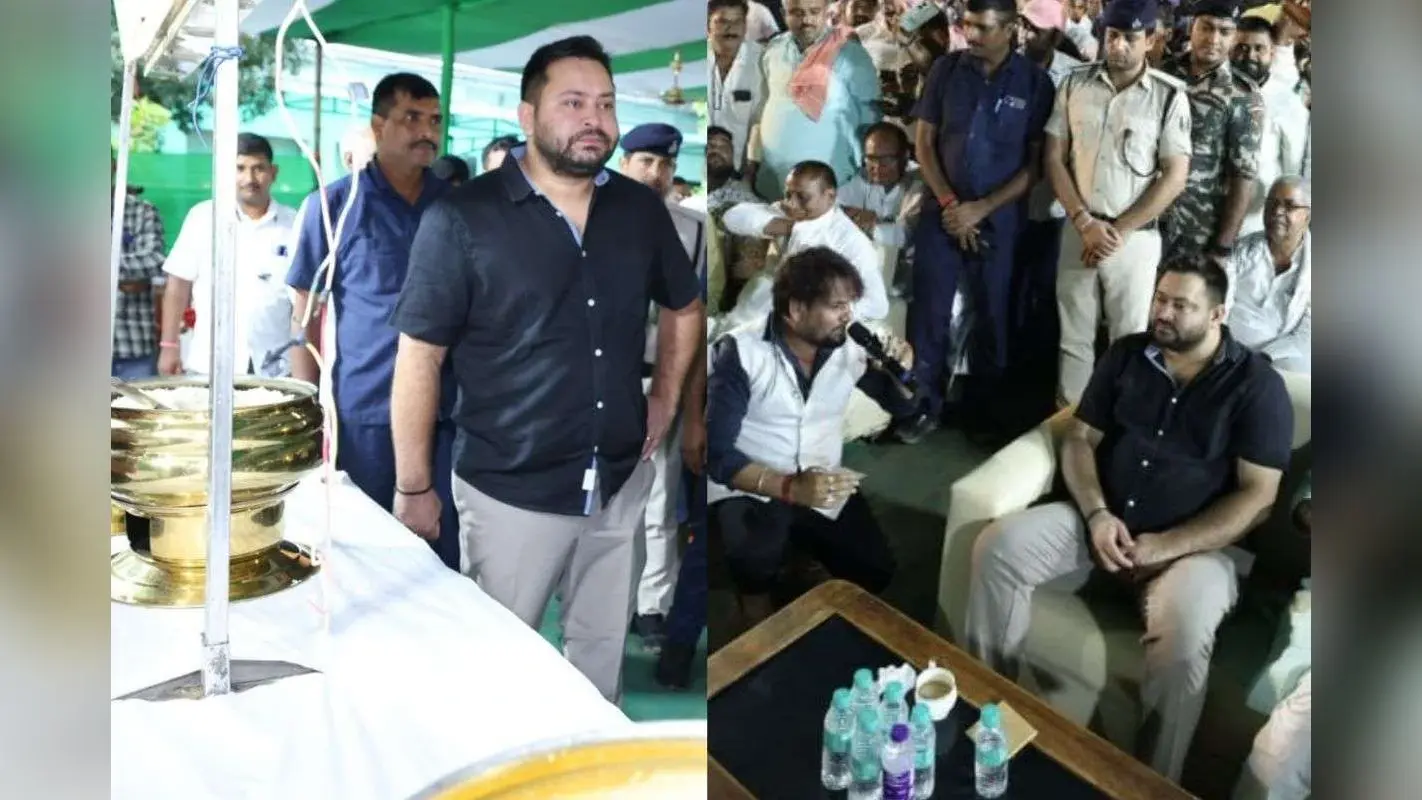 Bihar Politics: राघोपुर पहुंचे तेजस्वी यादव, ब्लैक शर्ट में दिखा अलग अंदाज, जनता के बीच भजन और भोजन का लिया आनंद