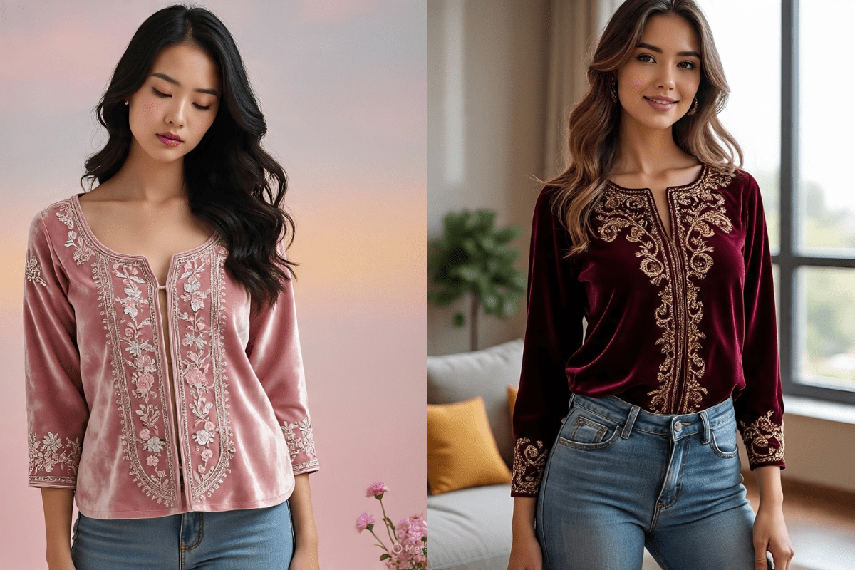 Embroidered Velvet Top