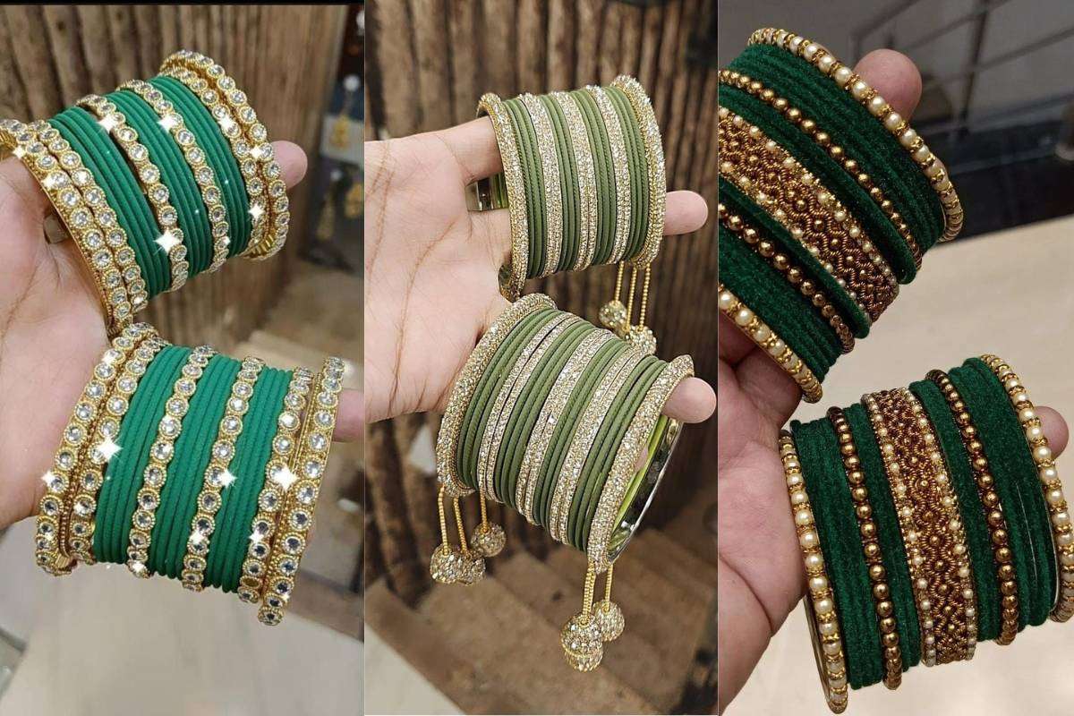 Green Velvet Bangles Design for Women – Olive Green Parrot Green Dark Green velvet bangles set for festive mix-and-match styling