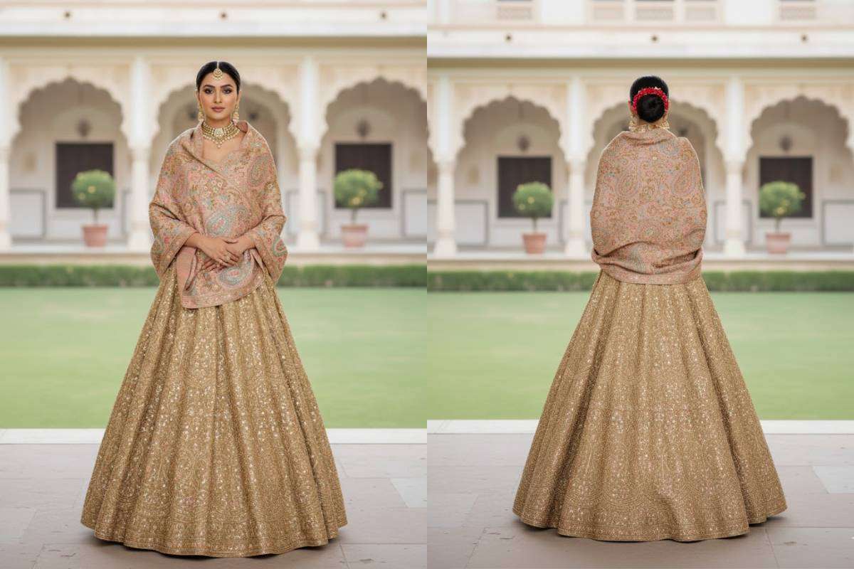 Traditional Kashmiri Shawl for Bride with detailed paisley embroidery – luxury bridal Kashmiri shawl design
