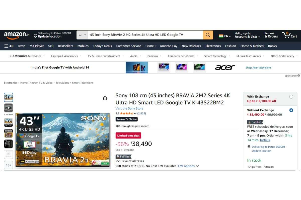 Sony BRAVIA 43 inches Smart TV Price Details