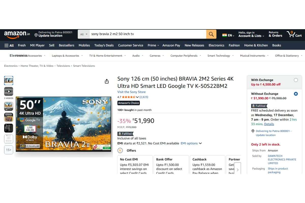 Sony BRAVIA 50 inches Smart TV Price Details