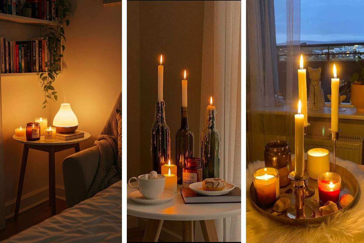 Scented candles and seasonal table decor adding cozy and stylish winter home ambiance