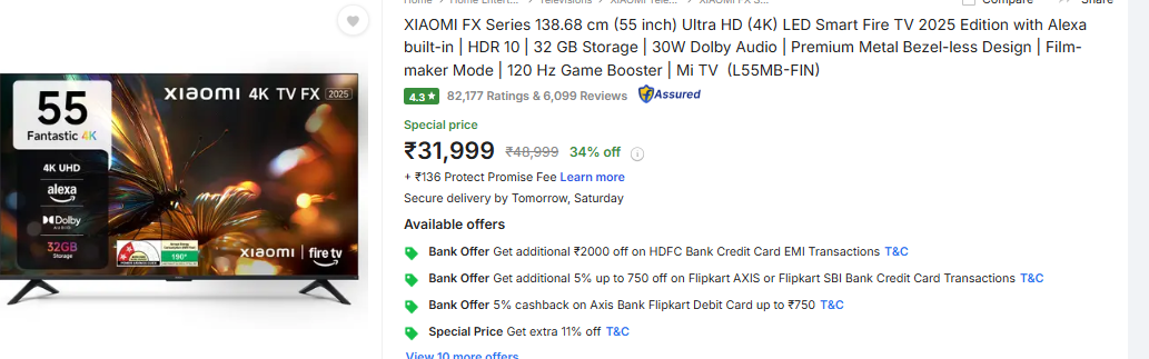 Xiaomi FX Series 55 इंच स्मार्ट टीवी की कीमत