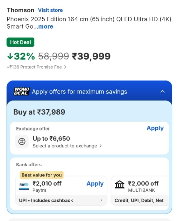 थॉमसन 65 इंच स्मार्ट टीवी प्राइस