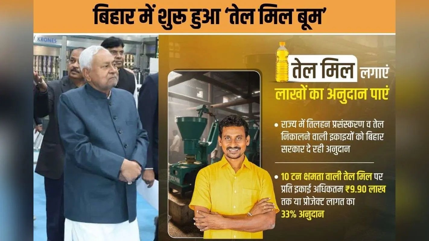 Oil Mill Subsidy Bihar : तेल मिल लगाइए, 9.90 लाख रुपए पाइए! बिहार सरकार की बड़ी योजना से युवाओं में उत्साह