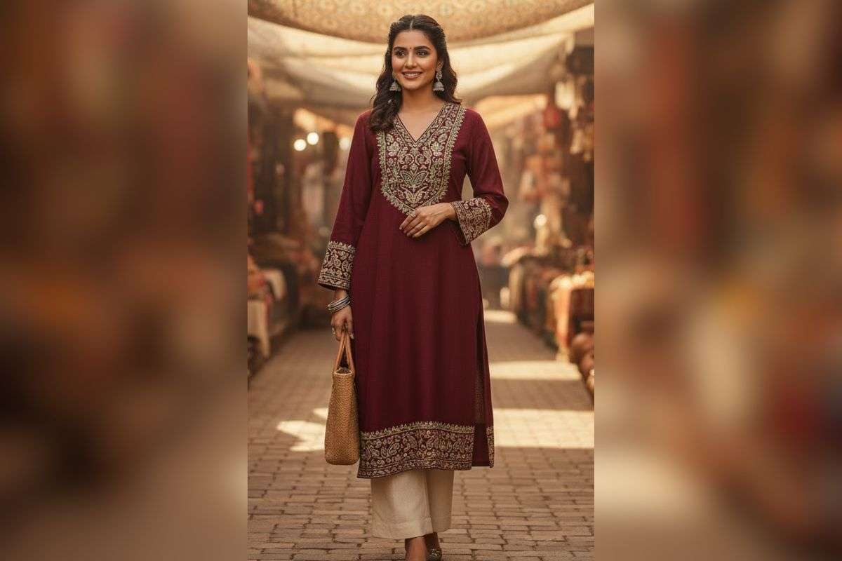 v neck woolen kurti