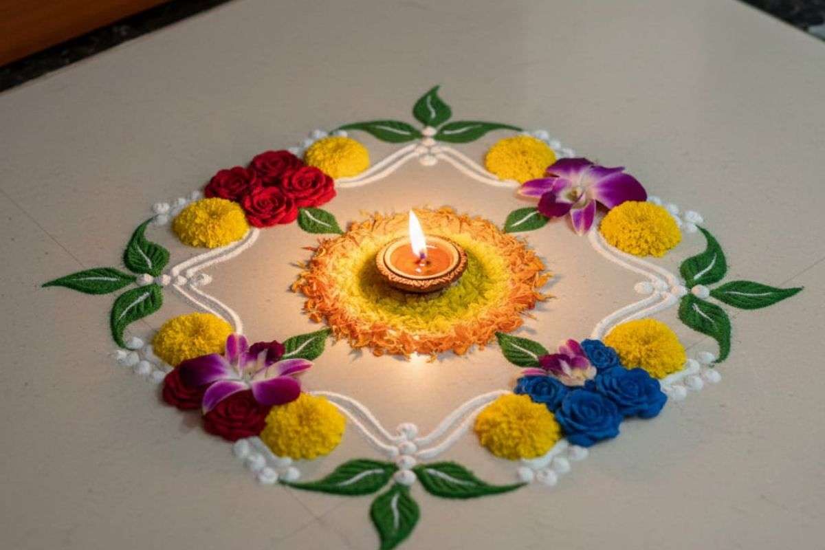 Four-cornered flower rangoli