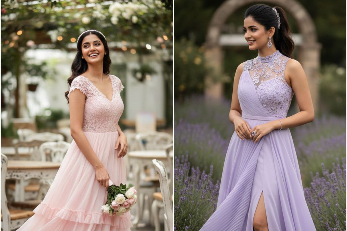 Elegant pink and lavender gowns for a romantic look.