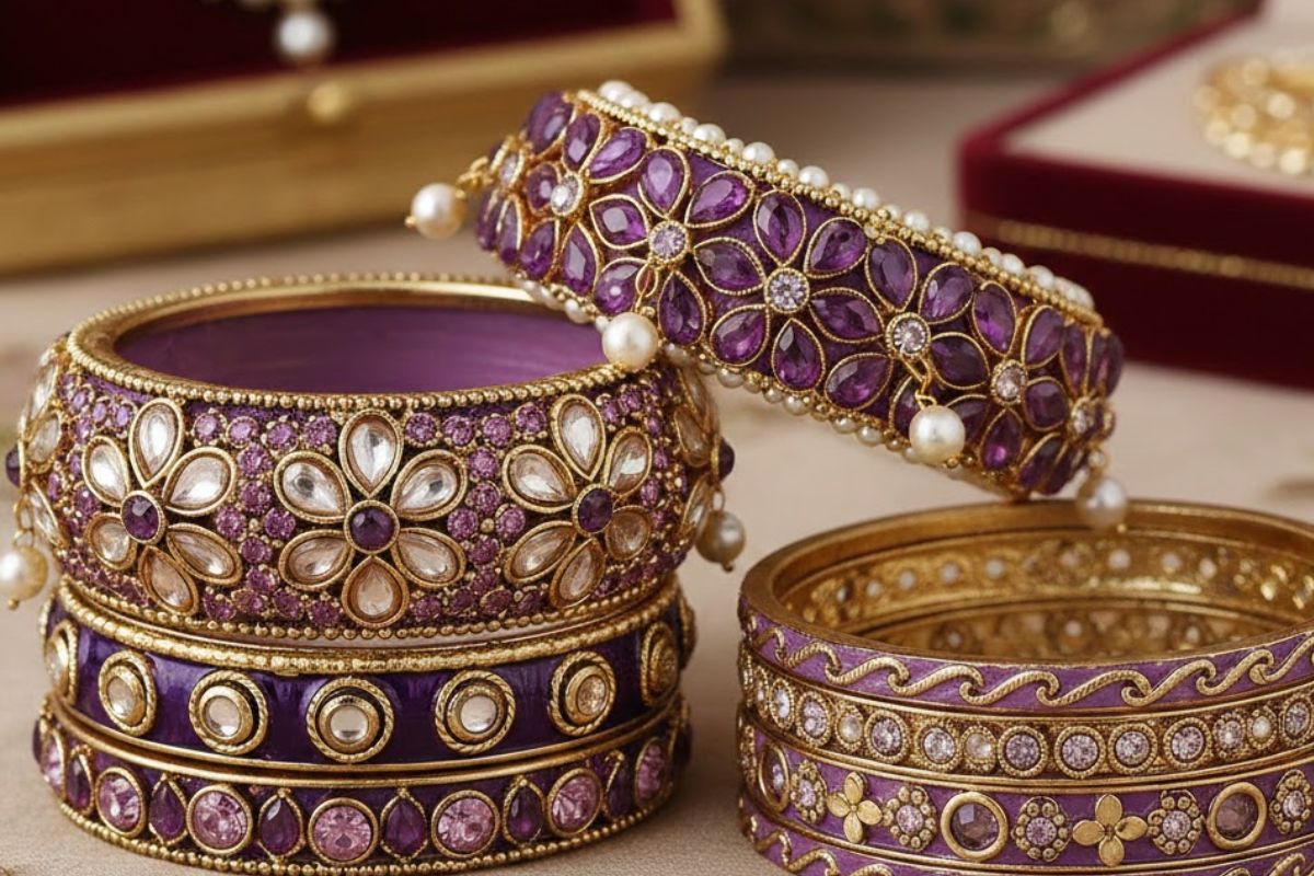 Kundan Studded Purple Bangles