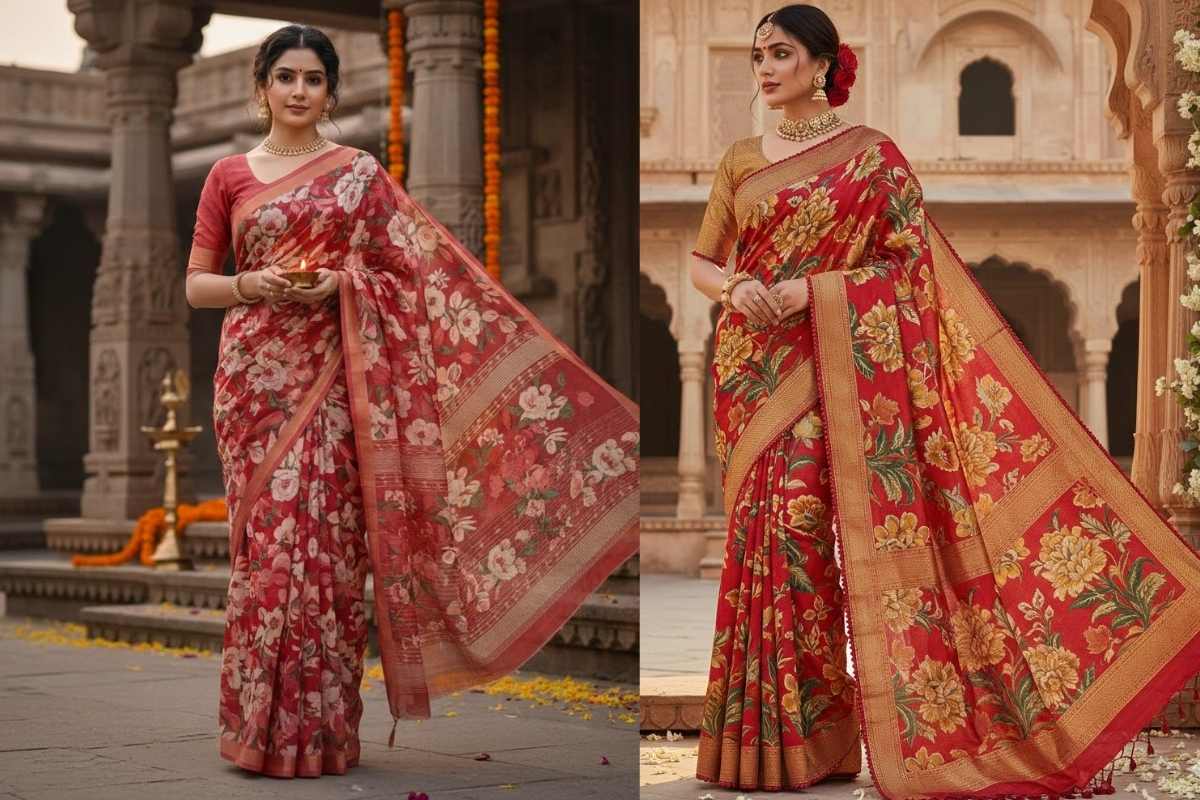Floral Print Red Saree Design (AI IMAGE)