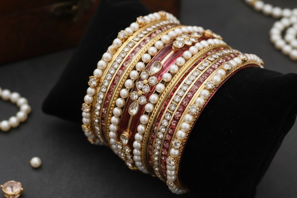 Stone and Pearl Work Glass Bangles