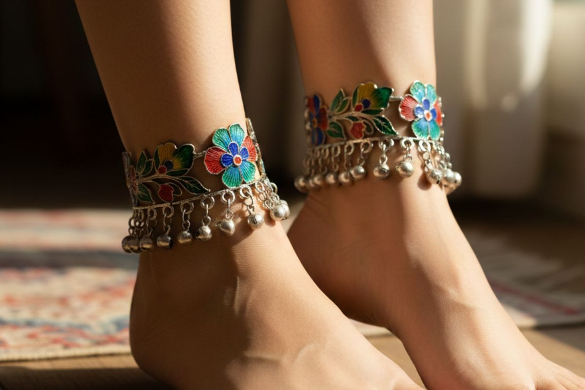 Trendy Floral Meenakari Silver Anklet Design
