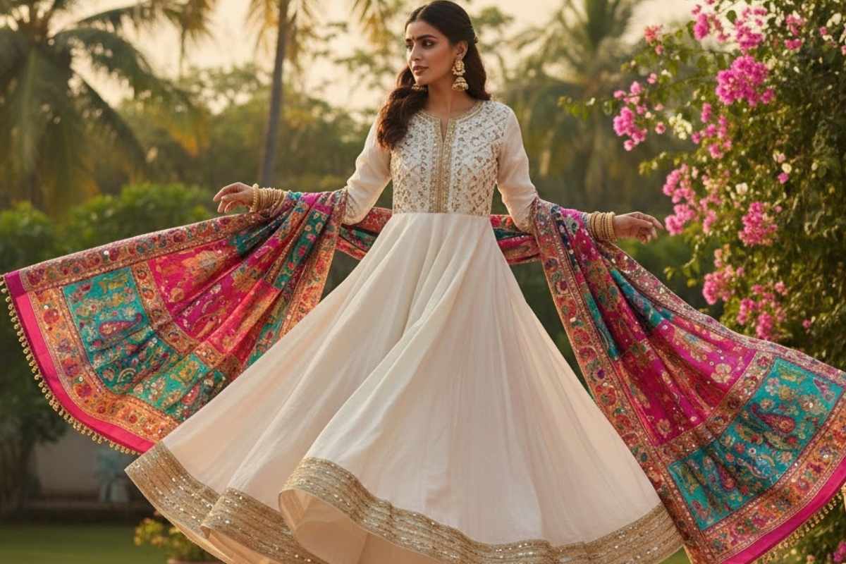 White Anarkali With Colourful Dupatta (AI IMAGE)