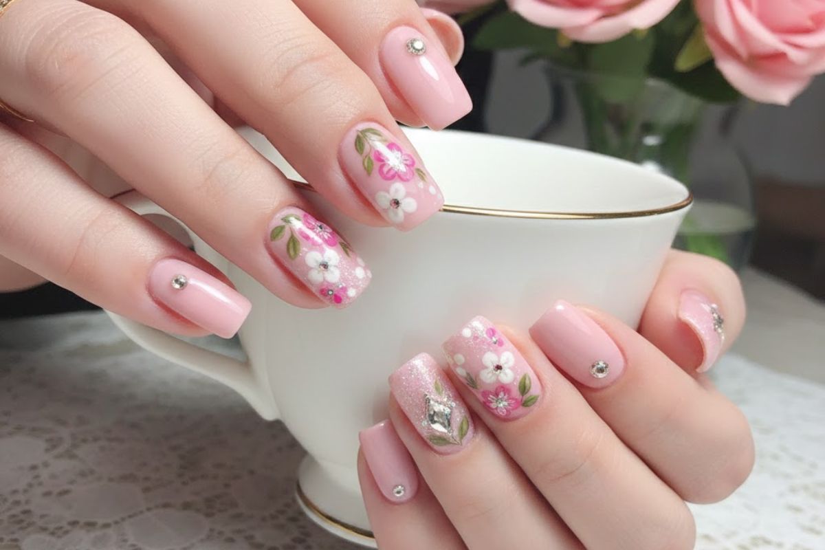 floral pink nail art