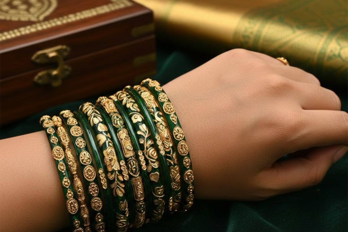 golden work green bangles
