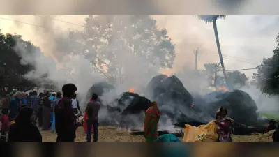 आग लगने से एक दर्जन किसानों का पुआल जलकर राख