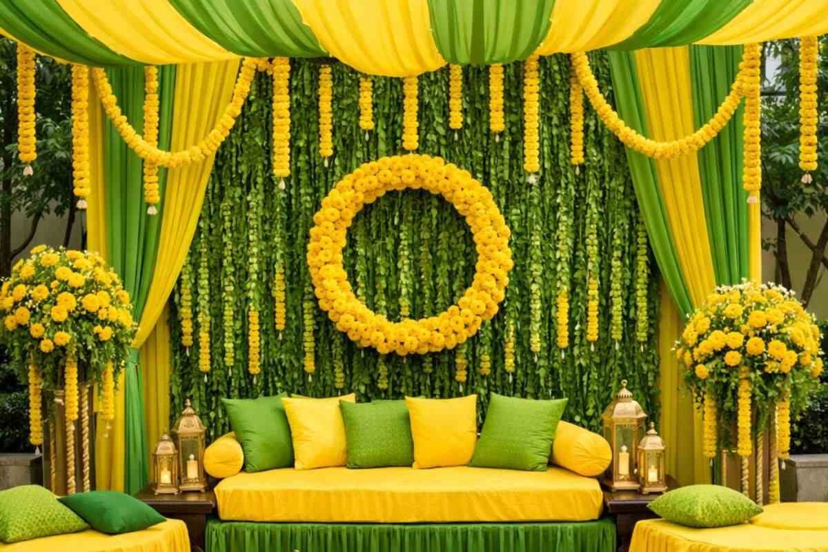 yellow and green decoration for mehndi